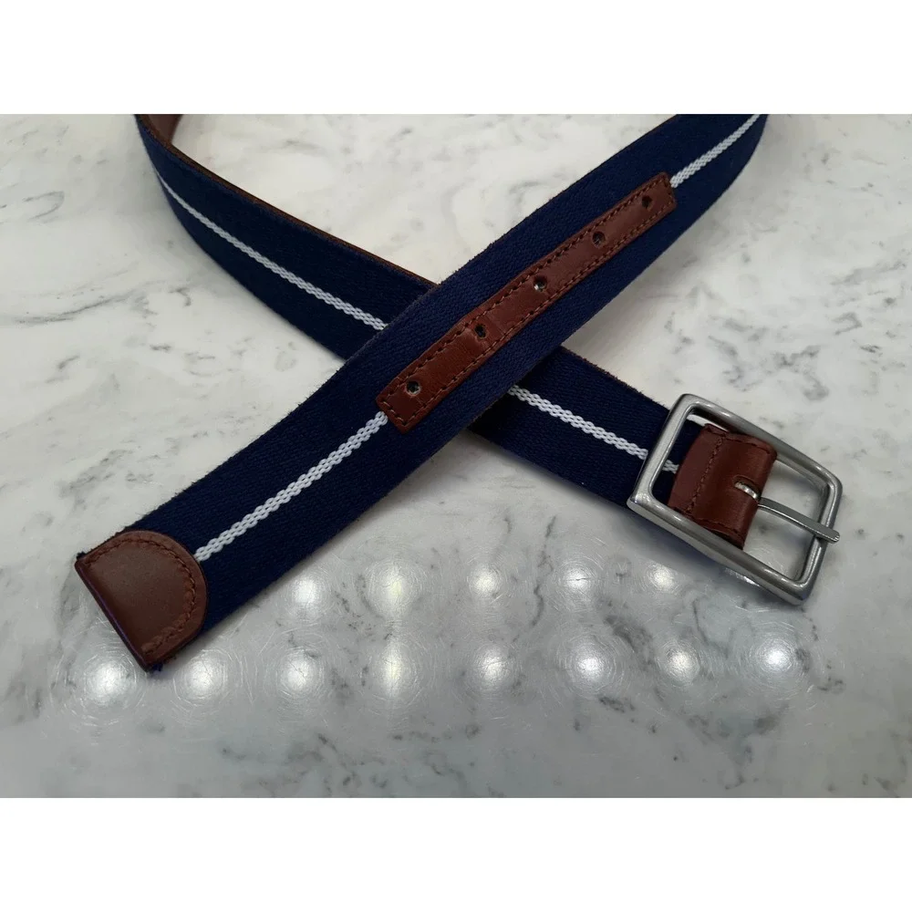 Navy Blue White Stripe Webbed Belt Italian 100% Leather Back Men 34 Coastal Prep